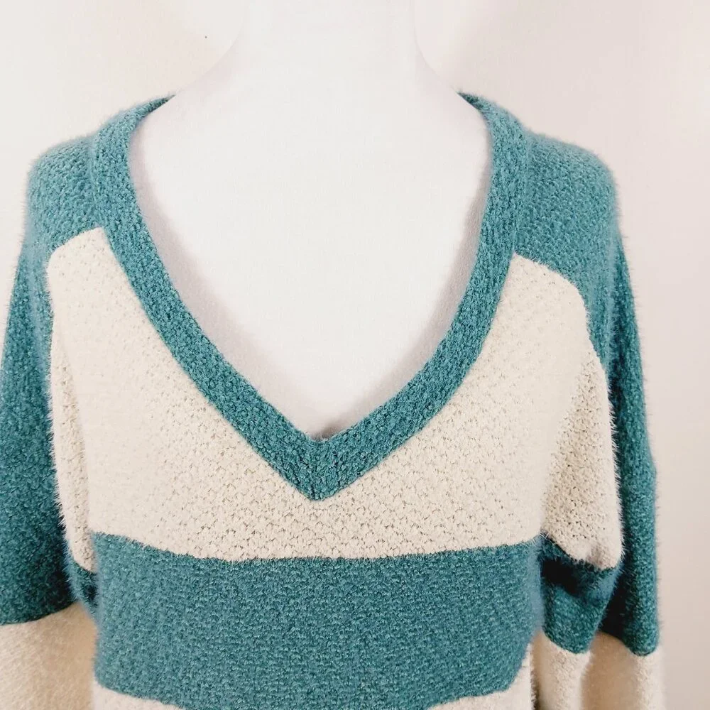 Bibi Women's MED Green & Cream Pullover Sweater Rugby Stripe Front, Relaxed Fit